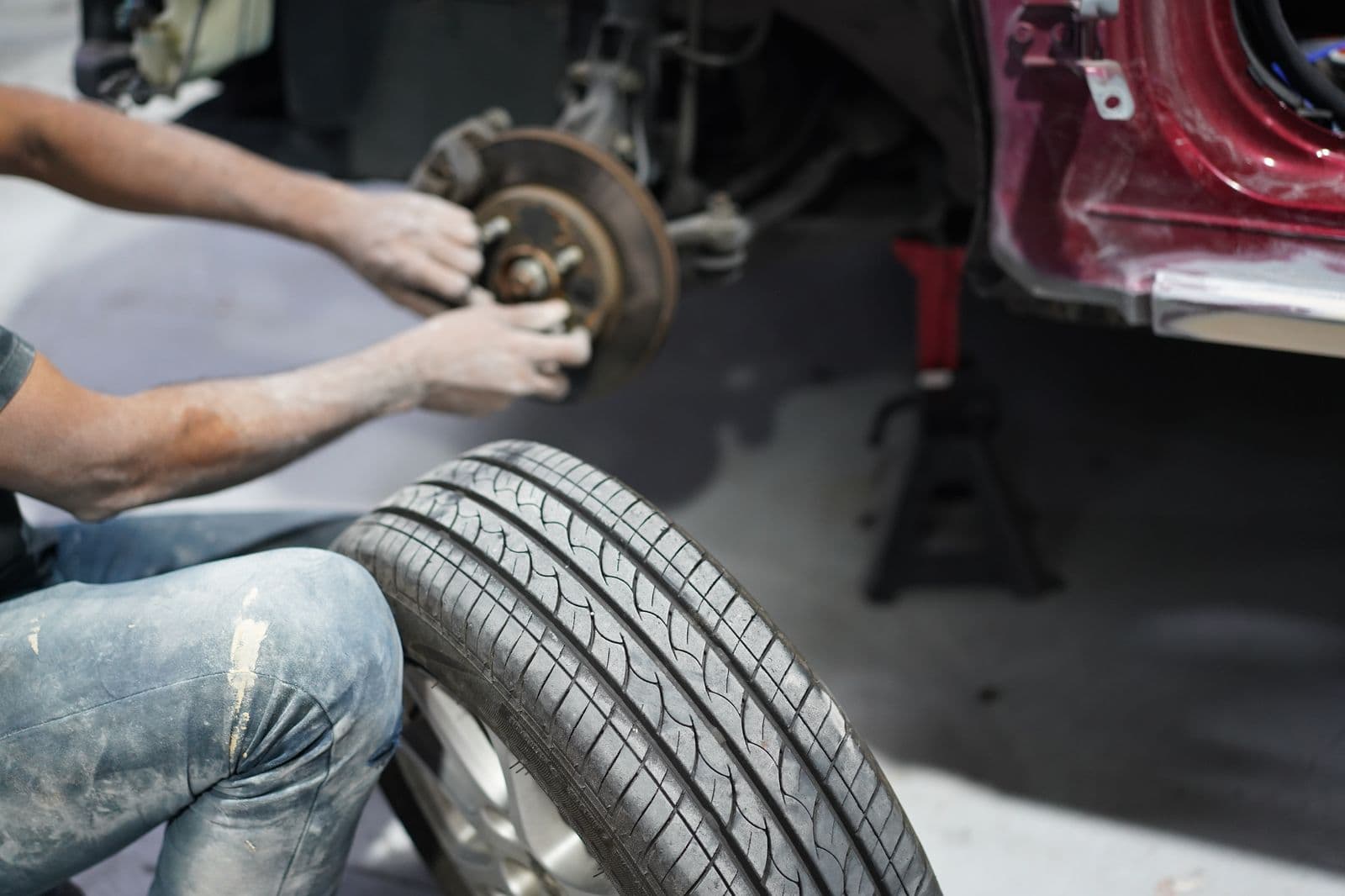 Brake and tyre check during a vehicle service at Solis Panelbeaters